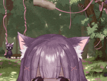 a girl with purple hair and cat ears is looking up at a black cat with horns that says you