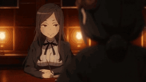 two anime girls are sitting at a table talking to each other