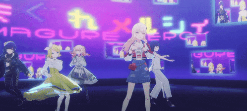 a group of anime characters are dancing in front of a neon sign that says magure