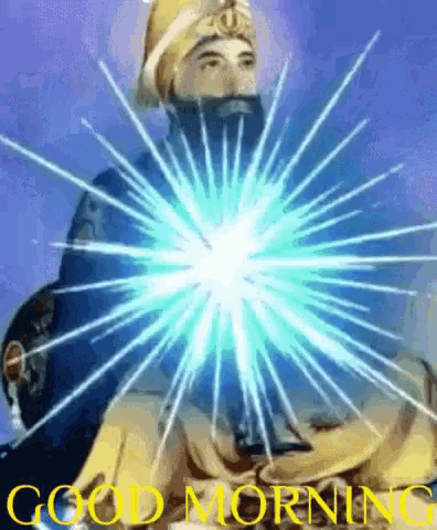 a man with a beard is surrounded by a blue light and the words good morning