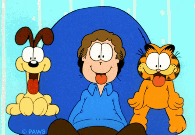 a cartoon of garfield and snoopy with the paws logo on the bottom