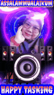 a woman is standing in front of a speaker with the words happy tasking written on it