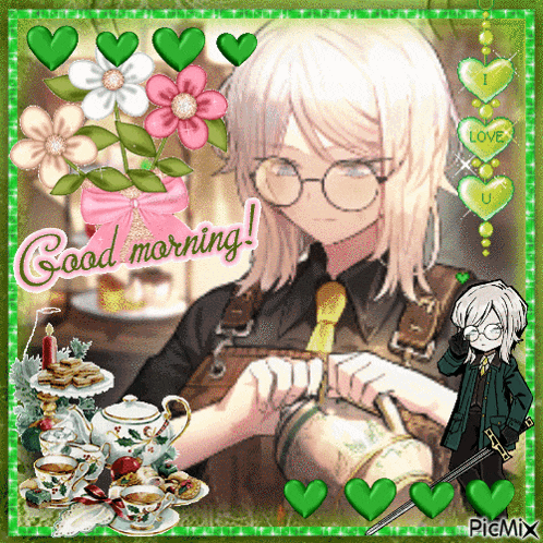 a picture of a girl with glasses and the words " good morning " on it