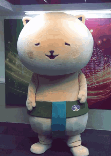 a stuffed animal in a sumo wrestler costume stands in front of a wall