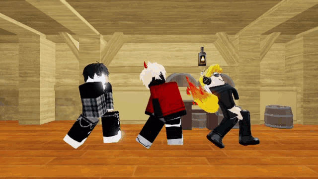 a group of roblox characters are dancing in a room with a bottle of alcohol in the background