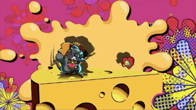 a cartoon rat is sitting on a piece of cheese