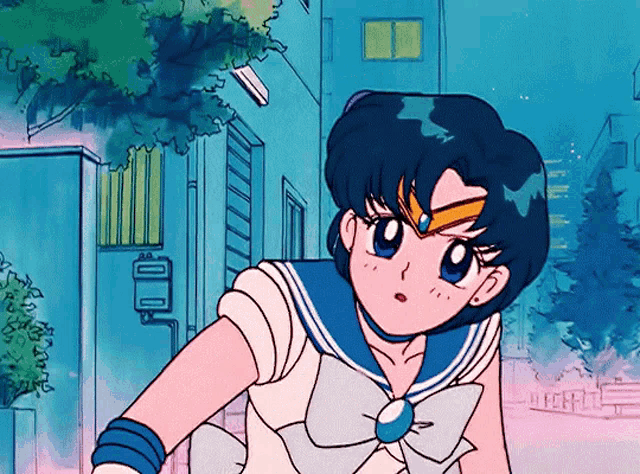 a cartoon of a girl with blue hair and a white bow