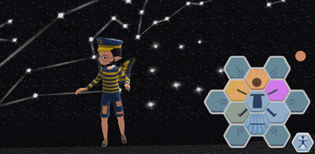 a cartoon character is standing in front of a constellation and a hexagon with the letter t on it