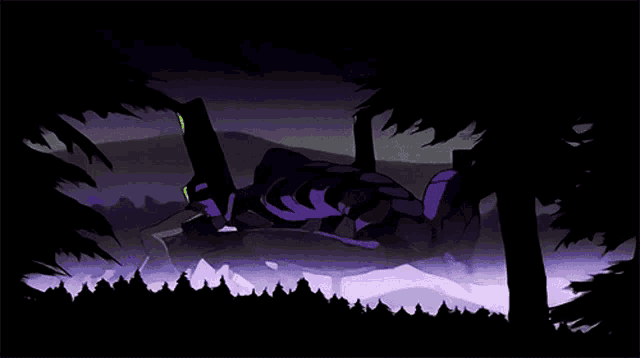 a purple robot is surrounded by trees and mountains