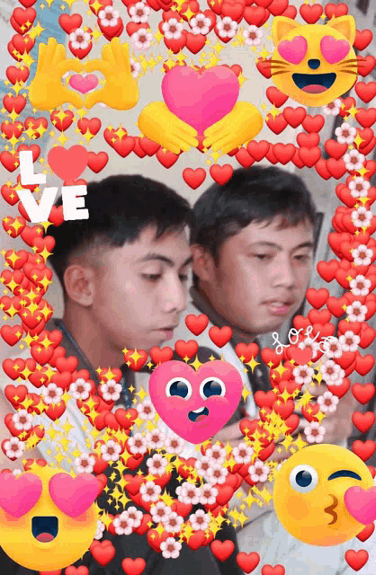 two boys are surrounded by hearts and smiley faces with the word love written in white