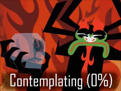 a picture of a cartoon character with the words contemplating ( 0 % ) below it
