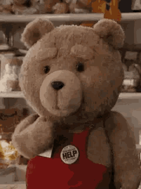 a teddy bear wearing a red apron is standing in front of a refrigerator .