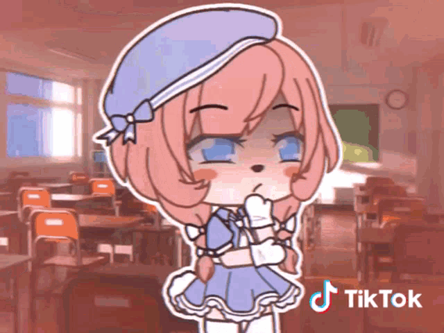a girl with pink hair and a blue beret is standing in a classroom with a tiktok logo in the corner