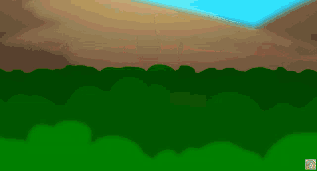 a cartoon drawing of a hillside with trees and a blue sky