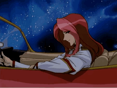 a girl with pink hair is laying in a car with her arms outstretched