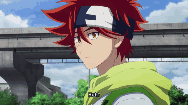 a red haired anime character says huh in a green hoodie