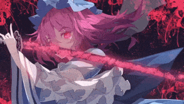a girl with pink hair and red eyes holds a sword