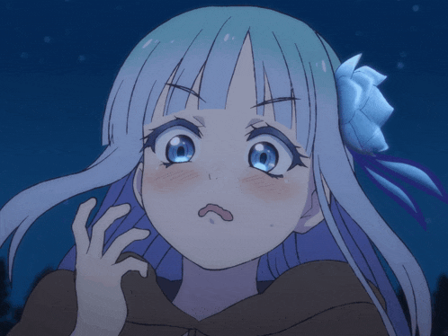 a girl with blue hair and a flower in her hair makes a funny face