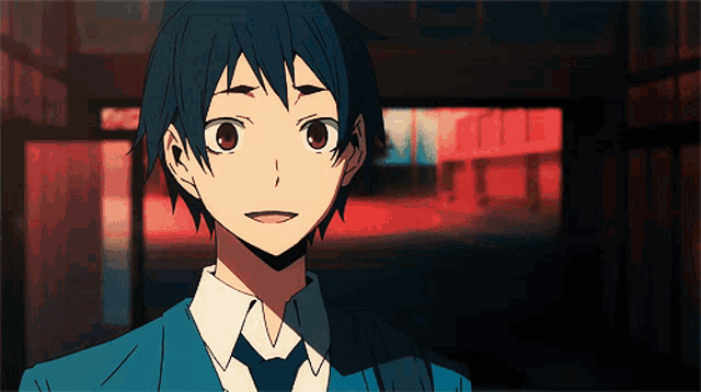 a boy with blue hair and red eyes is wearing a blue jacket and tie
