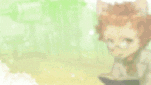 a cartoon drawing of a boy with glasses reading a book in a japanese language