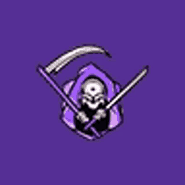 a grim reaper with a scythe on a purple background