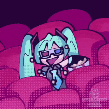 a cartoon drawing of a girl wearing 3d glasses sitting in a theater