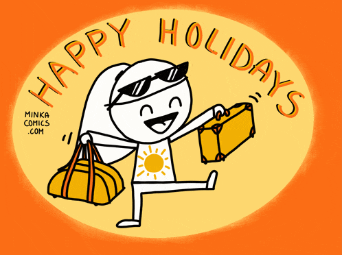 a cartoon of a person holding a suitcase and a bag with the words happy holidays written around them
