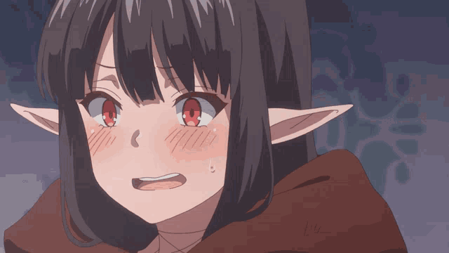a close up of a girl with elf ears and a red eye