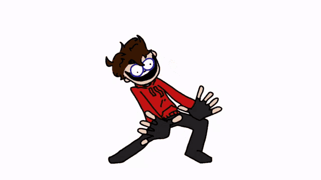 a cartoon of a man in a red hoodie and black pants is standing on one leg with his arms outstretched .