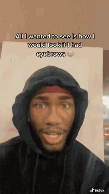 a man wearing a hooded sweatshirt has a tiktok post written on his face
