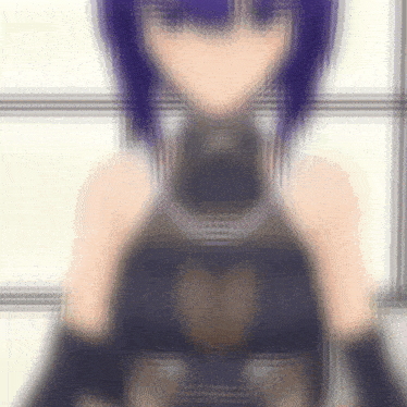 a blurry image of a girl with purple hair and black gloves