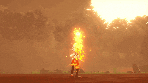 a cartoon character is standing in front of a fire