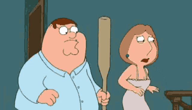 peter griffin is holding a wooden bat next to a woman