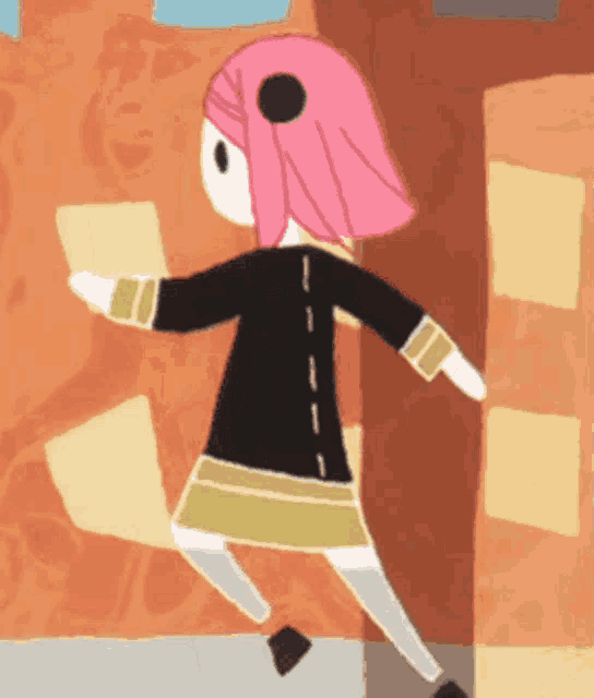 a cartoon of a girl with pink hair and a black jacket