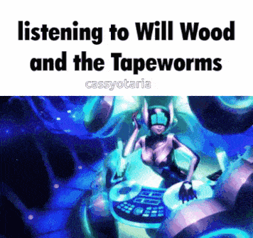a gif of a woman playing a dj says listening to will wood and the tapeworms cassyotaria