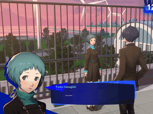 a video game character named fuuka yamaguchi is talking to another character on a balcony