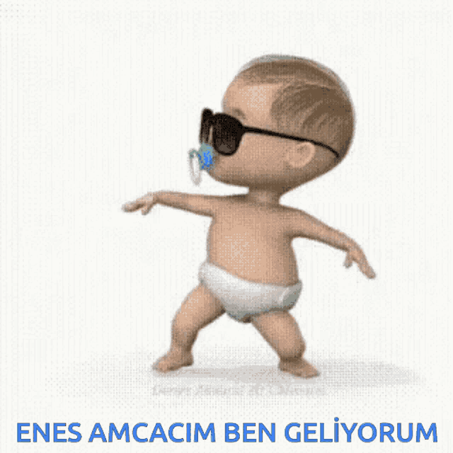 a baby in a diaper wearing sunglasses and a pacifier says enes amcacim ben geliyorum