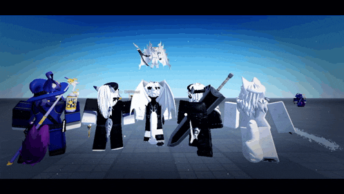 a group of roblox characters are standing together