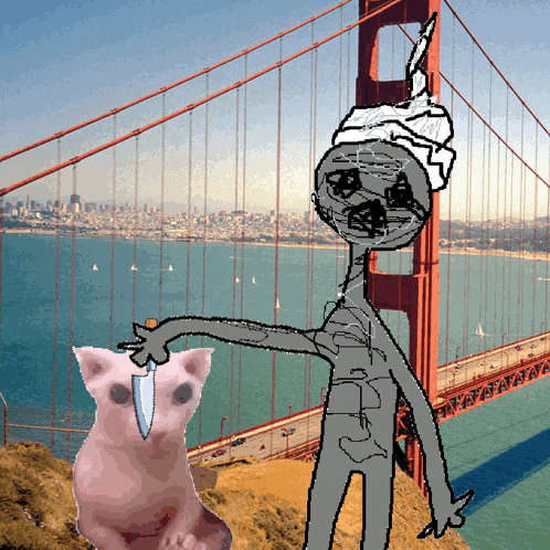 a drawing of a man holding a knife and a pig in front of a bridge