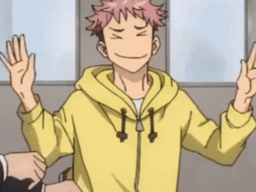 a cartoon boy in a yellow hoodie is laughing and giving a peace sign .