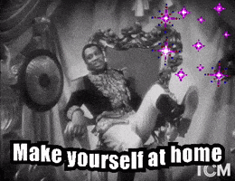 a black and white photo of a man with the words make yourself at home tcm