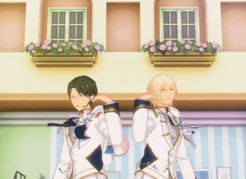two anime characters standing next to each other in front of a building with flowers in the windows