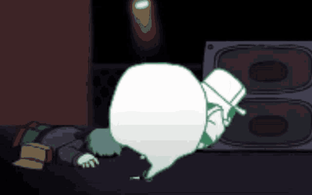 a cartoon character laying on the ground with a speech bubble coming out of his mouth