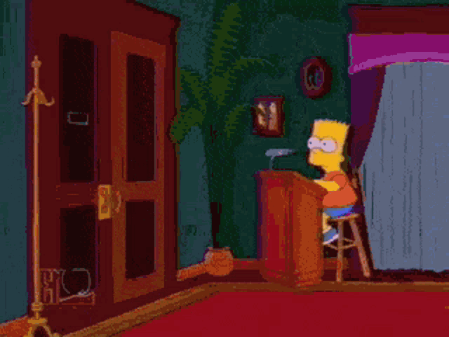 bart simpson is sitting on a stool in front of a door
