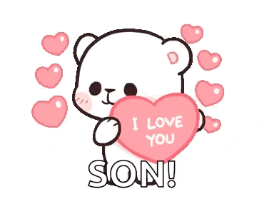 a teddy bear is holding a pink heart and saying `` i love you son '' .
