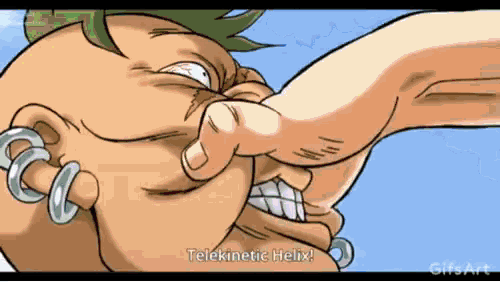a cartoon character says telekinetic helix on the bottom right