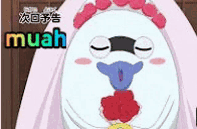 a cartoon character is wearing a wedding dress and holding a medal in his mouth .
