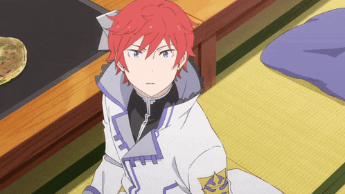 a cartoon character with red hair and a white jacket has a gold emblem on his sleeve