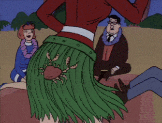 a woman in a hula skirt has a crab on her back