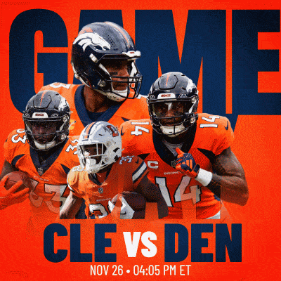 an advertisement for a game between the denver broncos and the cle vs den